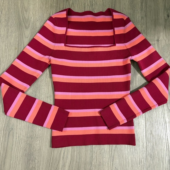 Striped Square Neck Sweater Pink Orange Burgundy Y2K Sz S 90s Retro Casual - Picture 7 of 8